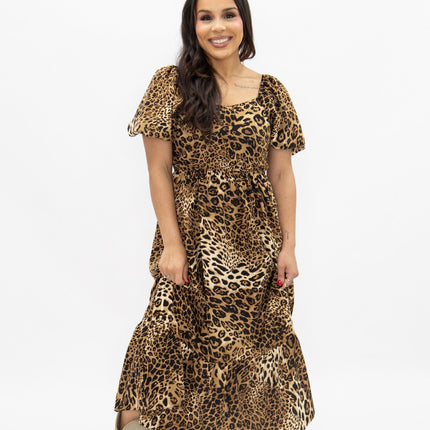 Puff Sleeve Midi Dress, Leopard