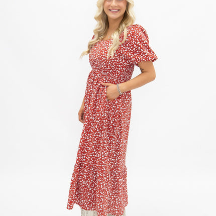 Puff Sleeve Midi Dress, Red Floral
