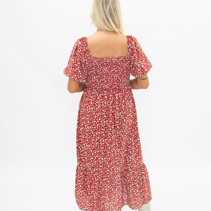 Puff Sleeve Midi Dress, Red Floral