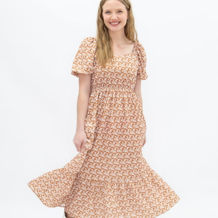 Puff Sleeve Midi Dress, Rust Floral