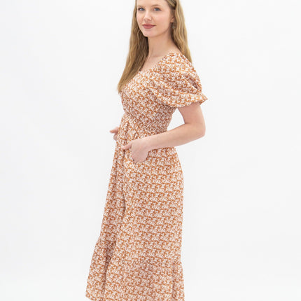 Puff Sleeve Midi Dress, Rust Floral