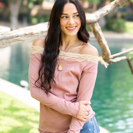 Longsleeve Off-the-Shoulder Top with Lace Trim, Mauve