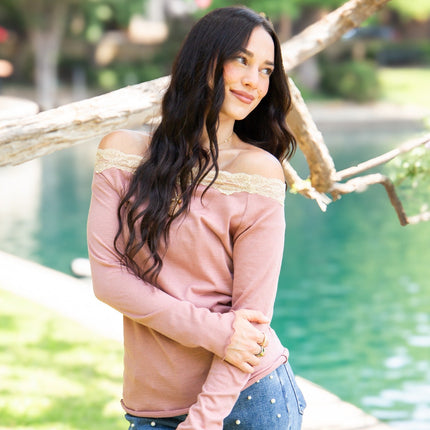Longsleeve Off-the-Shoulder Top with Lace Trim, Mauve
