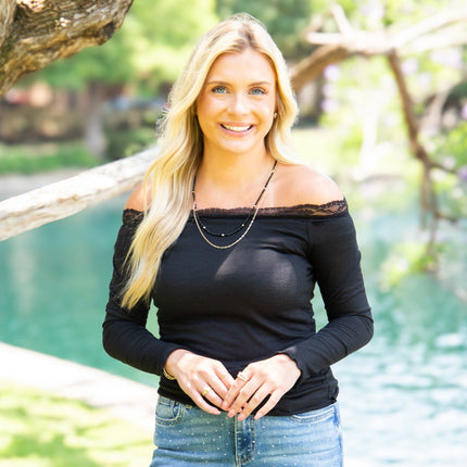 Longsleeve Off-the-Shoulder Top with Lace Trim, Black