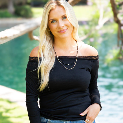 Longsleeve Off-the-Shoulder Top with Lace Trim, Black