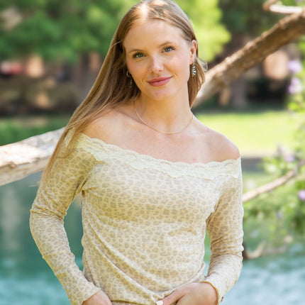 Longsleeve Off-the-Shoulder Top with Lace Trim, Leopard