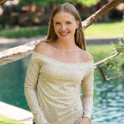 Longsleeve Off-the-Shoulder Top with Lace Trim, Leopard