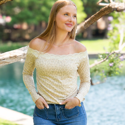 Longsleeve Off-the-Shoulder Top with Lace Trim, Leopard