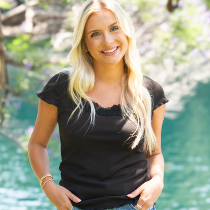 Square Neck Tee with Lace Trim, Black