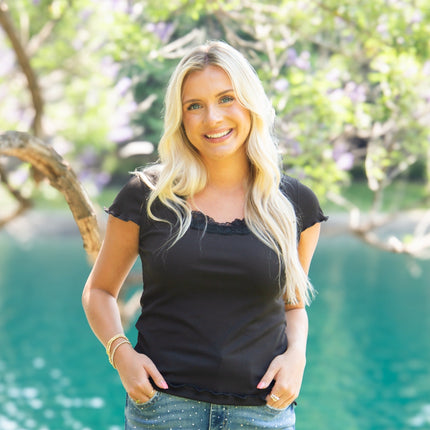 Square Neck Tee with Lace Trim, Black