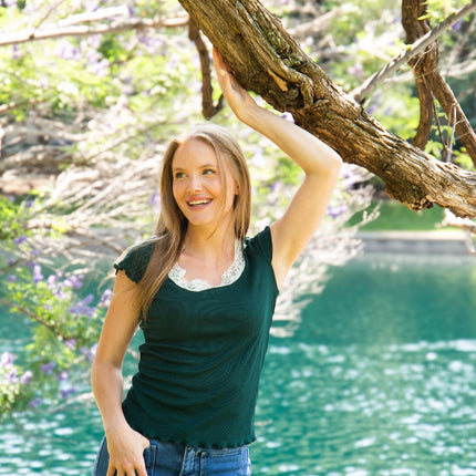 Square Neck Tee with Lace Trim, Forest Green