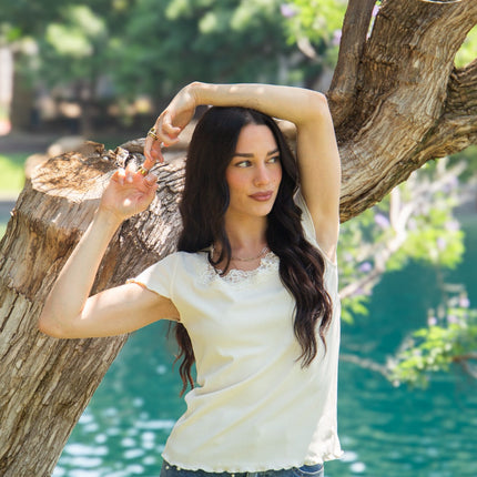 Square Neck Tee with Lace Trim, Ivory