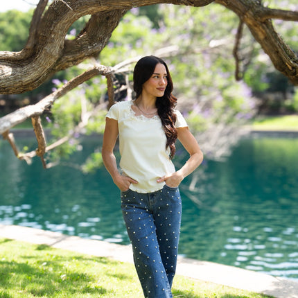 Square Neck Tee with Lace Trim, Ivory