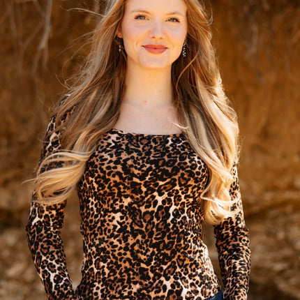 Square Neck Long Sleeve Top, Leopard