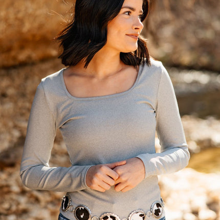 Square Neck Long Sleeve Top, Grey