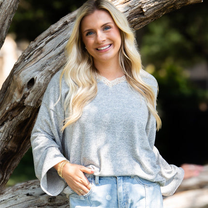 V-Neck Top with Lace Trim, Grey