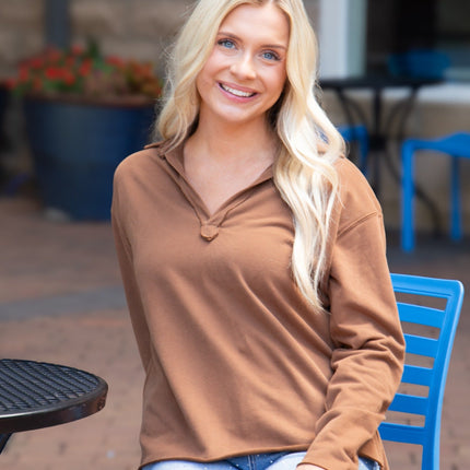 V-Neck Collared Pullover, Brown