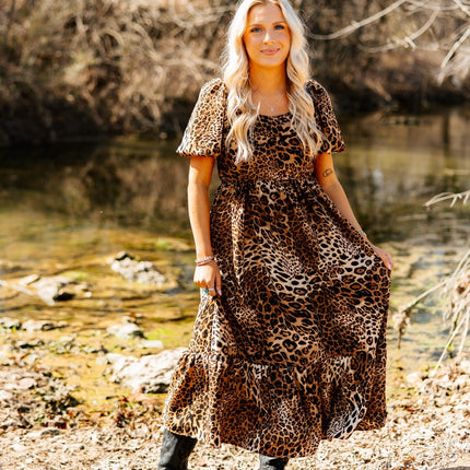 Puff Sleeve Midi Dress, Leopard