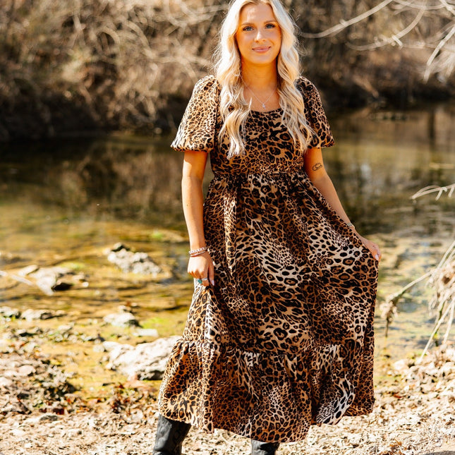 Puff Sleeve Midi Dress, Leopard