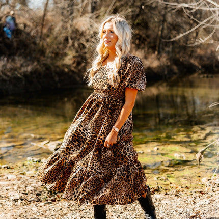 Puff Sleeve Midi Dress, Leopard