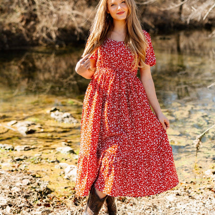 Puff Sleeve Midi Dress, Red Floral