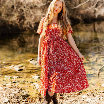 Puff Sleeve Midi Dress, Red Floral
