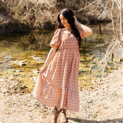 Puff Sleeve Midi Dress, Rust Floral