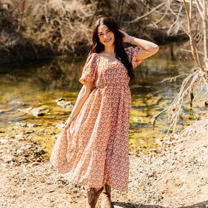 Puff Sleeve Midi Dress, Rust Floral