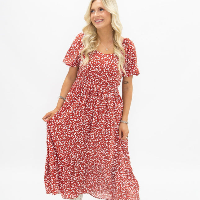 Puff Sleeve Midi Dress, Red Floral