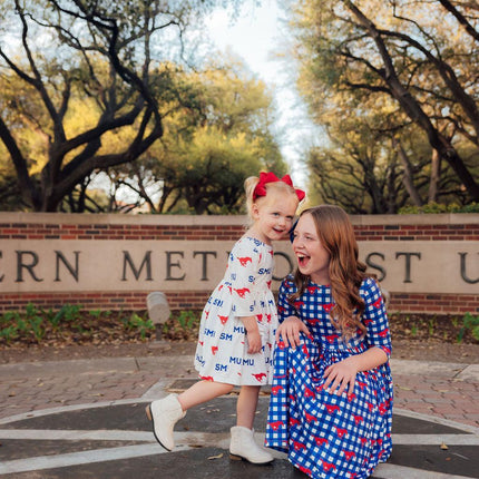 SMU Plaid Mustang 3/4 Sleeve Pocket Twirl Dress