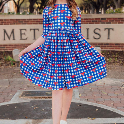 SMU Plaid Mustang 3/4 Sleeve Pocket Twirl Dress