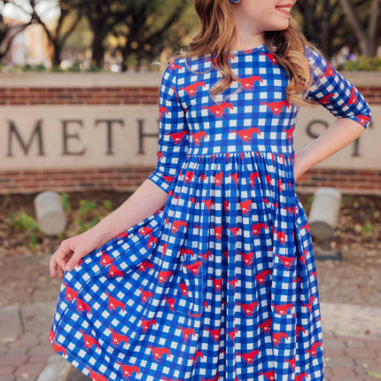 SMU Plaid Mustang 3/4 Sleeve Pocket Twirl Dress