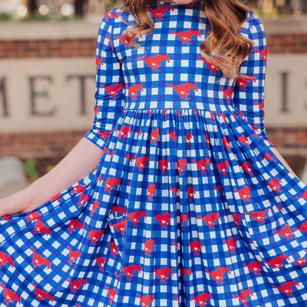 SMU Plaid Mustang 3/4 Sleeve Pocket Twirl Dress