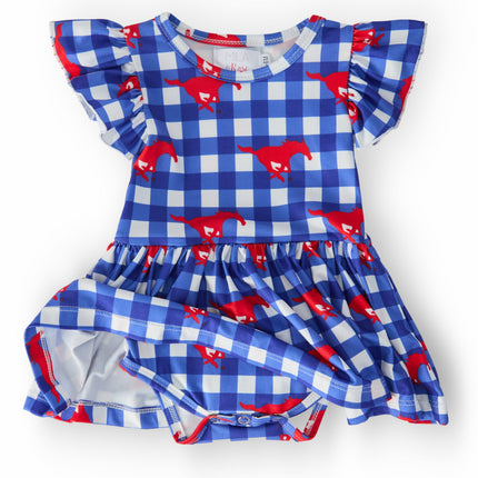 SMU Plaid Mustang S/S Flutter Twirl Bodysuit