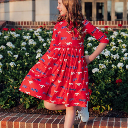 SMU Red Mustang 3/4 Sleeve Pocket Twirl Dress