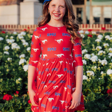 SMU Red Mustang 3/4 Sleeve Pocket Twirl Dress