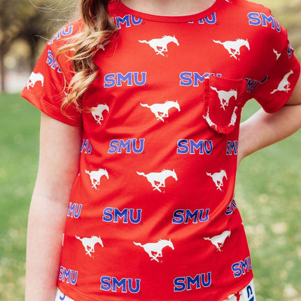 SMU Red Mustang Ruffle Pocket Tee