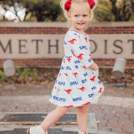 SMU White Mustang 3/4 Sleeve Pocket Twirl Dress