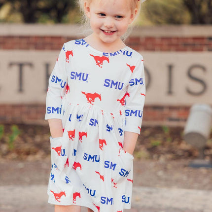 SMU White Mustang 3/4 Sleeve Pocket Twirl Dress
