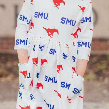 SMU White Mustang 3/4 Sleeve Pocket Twirl Dress