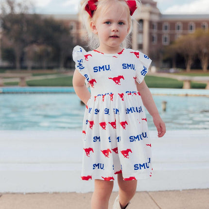 SMU White Mustang Flutter Twirl Dress