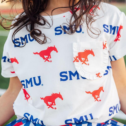 SMU White Mustang Ruffle Pocket Tee