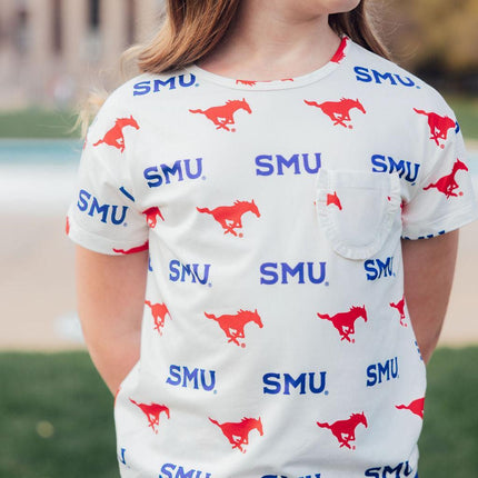 SMU White Mustang Ruffle Pocket Tee