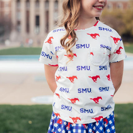 SMU White Mustang Ruffle Pocket Tee