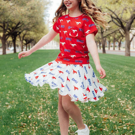SMU White Mustang Ruffle Twirl Skort