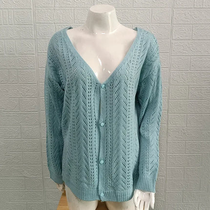 Openwork Cardigan Women's Autumn/winter Solid Color V-neck Long Sleeve Knitwear Temperament Commuter Sweater