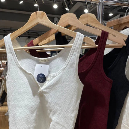 Buttons Waffle Cotton Tank Top Woman Round Neck Sexy Sleeveless Retro Crop Tops  Summer Solid Simple Vintage Y2k Vest Chic
