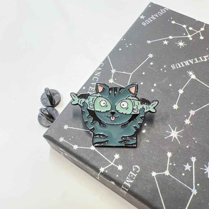 Cat with Fish Enamel Pin – Silly Cat Expression for Fun Outfits