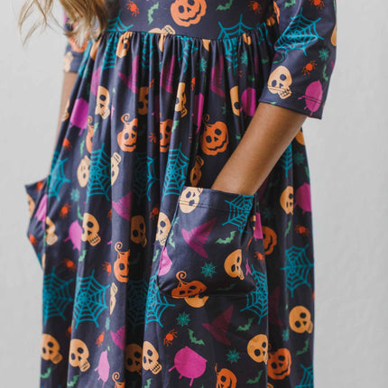 Skeleton Web 3/4 Sleeve Pocket Twirl Dress