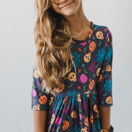 Skeleton Web 3/4 Sleeve Pocket Twirl Dress